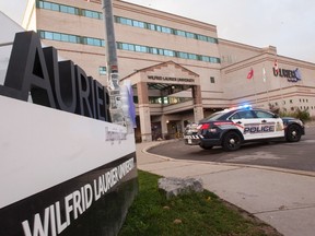 Wilfrid Laurier University's campus is in lockdown after security was tipped to a possible threat on Friday, Oct. 16, 2015, in Waterloo, Ont. (THE CANADIAN PRESS/Hannah Yoon)