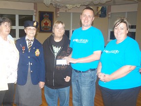 The Wallaceburg Legion Ladies Auxiliary recently donated $1,000 to the Wallaceburg Splash Pad project. Making the presentation are, from left to right, Lesley Druer, Josie Carroll, Linda Parent to Splash Pad representatives Matt Mikhailia and Heather Gordon.