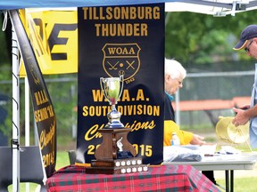 The 2014-15 WOAA championship and South Division banners, which were on display at the Tillsonburg Ribfest, hosted by the Tillsonburg Thunder, were recently raised at the Kinsmen Memorial Arena. Both will be officially recognized by the team at its home opener Saturday, Oct. 17th, at 7:30 p.m. (CHRIS ABBOTT/TILLSONBURG NEWS)