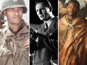 Scenes from Steven Spielberg's more serious movies: From left - Tom Hanks in Saving Private Ryan, Liam Neeson in Schindler's List and Djimon Hounsou in Amistad. (Handout photos)