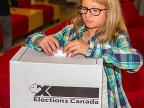 TIM MILLER/THE INTELLIGENCER
Destiny Parks casts her ballot as part of the Student Vote exercise at Stirling Public School on Friday in Stirling. The exercise, which mimics Monday’s federal election, is designed to get youth engaged in the election process early on.
