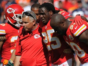 Kansas City Chiefs running back Jamaal Charles is helped off the field after an injury in the second half of an NFL football game against the Chicago Bears in Kansas City, Mo., Sunday, Oct. 11, 2015. (AP/Ed Zurga)