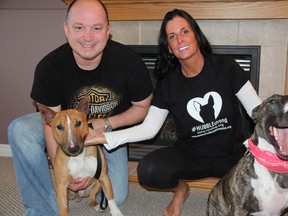 Julie Medeiros and her husband Carlos pose with their two bull terriers, Russ and Lulu, on Friday October 16, 2015 in Petrolia, Ont. Medeiros has started a T-shirt campaign in honour of Hubble, an eight-year-old New Mexican bull terrier who died after suffering months of neglect. Proceeds from T-shirt sales are earmarked for NMDog, the New Mexico dog rescue operation that took Hubble under its wing after he was discovered living in neglect. (Barbara Simpson/Sarnia Observer/Postmedia Network)