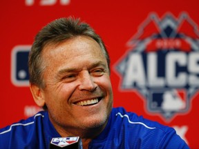 Blue Jays manager John Gibbons talks during a news conference prior to Game 1 of the AL Championship Series in Kansas City, Mo., on Friday, Oct. 16, 2015. (AP Photo/Paul Sancya)