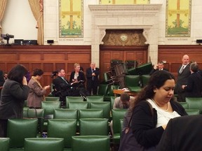 The Conservative Party caucus room is shown shortly after shooting began on Parliament Hill, in Ottawa, Ontario, in this October 22, 2014 file picture taken and provided by MP Nina Grewal. /MP Nina Grewal/Handout via Reuters/Files