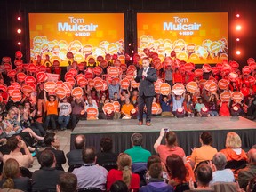 NDP leader Tom Mulcair speaks to supporters campaign rally in Edmonton on Friday, Oct. 16, 2015. Canadians will go to the polls in the 42nd federal election on Monday, October 19, 2015. THE CANADIAN PRESS/Ryan Remiorz