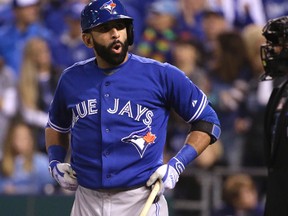 Toronto Blue Jays Jose Bautista gets ready to take on the Kansas City Royals in Game 1 of the American League Championship Series on October 16, 2015 in Kansas City, Missouri. (Craig Robertson/Postmedia Network)