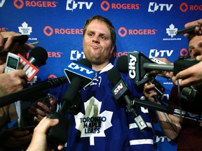 Phil Kessel is scrummed by the media at the first day of the Toronto Maple Leafs training camp at the MasterCard Centre  in Toronto on Sept. 11, 2013. (CRAIG ROBERTSON/Toronto Sun)