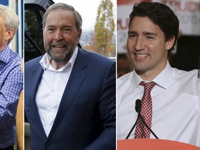 Stephen Harper, Thomas Mulcair and Justin Trudeau. (REUTERS)