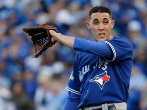 Blue Jays pitcher Aaron Sanchez came in to relieve starter David Price in the seventh inning but got roughed up as well. Sanchez gave up a hit and walked a batter. (Craig Robertson/Toronto Sun)