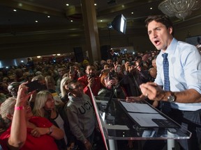 Liberal leader Justin Trudeau addresses supporters during a rally, Sunday, October 18, 2015 in Edmonton. THE CANADIAN PRESS/Paul Chiasson