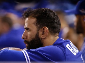 Jose Bautista not happy as the Blue Jays trail the Kansas City Royals in Game 1 of the American League Championship Series on Oct. 16, 2015. (Craig Robertson/Toronto Sun/Postmedia Network)