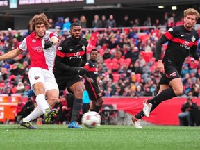 Ottawa Fury FC striker Tommy Heinemann battles against the San Antonio Scorpions as the clubs met at TD Place on Sunday, Oct. 18, 2015. (Steve Kingsman/Ottawa Fury FC)