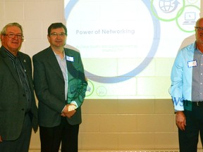 David Scott, a digital marketing consultant with WSI Digital Marketing, told members of the West Perth business community about the power of networking at the Business and Industry Breakfast in the Mitchell and District Community Centre Oct. 14. Pictured from left: West Perth Mayor Walter McKenzie, West Perth CAO Jeff Brick, Scott, and Viola Tyler, owner of B&B Pet Supplies and Hicks House Printing and the woman who invited Scott to speak at the breakfast. GALEN SIMMONS/MITCHELL ADVOCATE