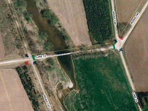 This aerial photo illustrates the location of new stop signs in the area of the Trafalgar Bridge. SUBMITTED