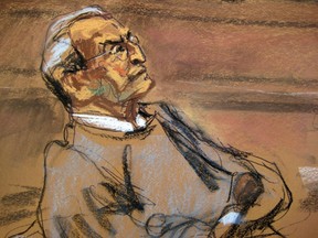 Vincent Asaro looks on as prosecutor Lindsay Gerdes (not pictured) makes opening statements in Asaro's trial in this court sketch from New York October 19, 2015. (REUTERS/Jane Rosenberg)