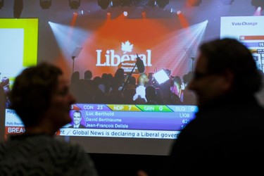 NDP supporters chat while watching election results at Edmonton NDP headquarters at the Sutton Place Hotel in Edmonton, Alta., on Monday October 19, 2015. Ian Kucerak/Edmonton Sun/Postmedia Network