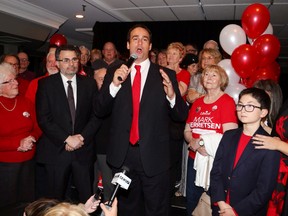 Mark Gerretsen addresses supporters after winning the Kingston and the Islands riding. (Ian MacAlpine/The Whig-Standard)