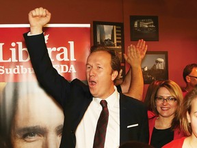 Sudbury MP-elect Paul Lefebvre acknowledges supporters after his win in Sudbury, Ont. on Monday October 19, 2015. John Lappa/Sudbury Star/Postmedia Network