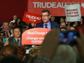 Charleswood-St. James candidate Doug Eyolfson introduces Liberal leader Justin Trudeau during a rally at St. James Civic Centre in Winnipeg on Sat., Oct. 17, 2015. Kevin King/Winnipeg Sun/Postmedia Network