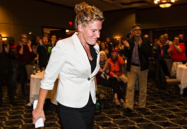 Defeated NDP candidate Janis Irwin arrives at the Edmonton federal NDP headquarters at the Sutton Place Hotel in Edmonton, Alta., on Monday, Oct. 19, 2015. Codie McLachlan/Edmonton Sun/Postmedia Network