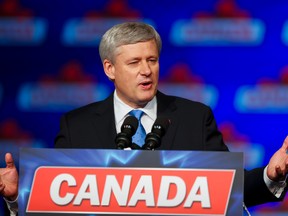 Stephen Harper gives his concession speech to Conservative supporters at the Telus Convention Centre in Calgary, Alta., on Monday, Oct. 19, 2015 after losing the 2015 federal election to Justin Trudeau's Liberals. Lyle Aspinall/Calgary Sun/Postmedia Network