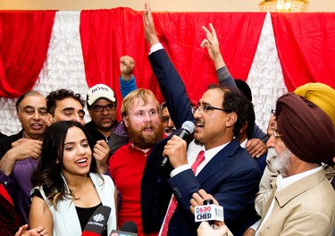Edmonton - Mill Woods Liberal candidate Amarjeet Sohi gives his victory speech at the Maharaja Banquet Hall, 9257 - 34A Ave., in Edmonton Alta. on Monday Oct. 19, 2015. David Bloom/Edmonton Sun/Postmedia Network