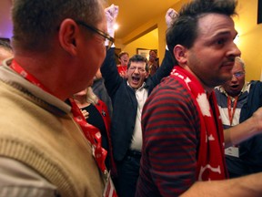 MEGHAN BALOGH/POSTMEDIA NETWORK
Mike Bossio celebrates his win in Hastings-Lennox and Addington seconds after learning of his 373-vote lead over Conservative incumbent, Daryl Kramp.