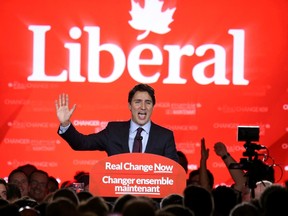 Liberal leader Justin Trudeau gives his victory speech after the federal election in Montreal, Que., on Oct. 19, 2015. (REUTERS/Chris Wattie)