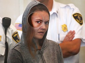 Rachelle Dee Bond is arraigned on charges of acting after the fact in helping to dispose of the body of her daughter, the girl dubbed Baby Doe, in Dorchester District Court, on Monday, Sept. 21, 2015, in Boston.  (Pat Greenhouse/The Boston Globe via AP, Pool)