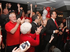 Newly minted Kingston and the Islands member of Parliament Mark Gerretsen speaks before a cheering crowd of local supporters at the Harbour Restaurant on Monday. (Julia McKay/The Whig-Standard)