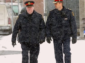 John Lappa/The Sudbury Star
In this file 2005 file photo, Greater Sudbury Police Staff Insp. Brian Jarrett (left) and then Greater Sudbury Police Chief Ian Davidson walk the beat during Jarrett’s final day of policing. Staff Insp. Jarrett retired after 33 years in law enforcement.
