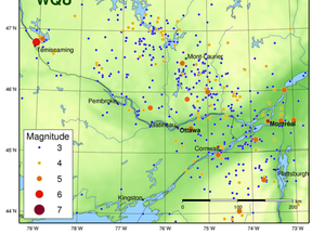 Recent earthquakes in Eastern Ontario, Western Quebec as plotted by the  Natural Resources Canada. (Courtesy NRCan, Ottawa Sun / Postmedia Network)