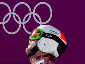 Canada`s Brady Leman reacts to his fourth place finish in the Men`s Ski Cross final at the Sochi Winter Olympics in Krasnaya Polyana, Russia, Feb. 20, 2014. (THE CANADIAN PRESS/Jonathan Hayward)