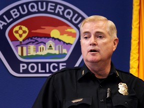 In this July 10, 2015 file photo, Albuquerque Police Chief Gorden Eden speaks during a news conference in Albuquerque, N.M. Police are asking for the public's help as authorities try to identify and find an assailant who shot and killed a four-year-old girl on an Albuquerque freeway. (AP Photo/Susan Montoya Bryan, File)