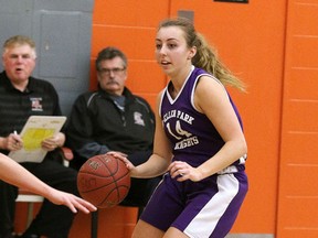 Lo-Ellen Park Knights senior girls basketball co-captain Katryna Rogerson, pictured here facing the Lancers at Lasalle on Tuesday night, is this week's Cambrian College/Sudbury Star High School GameChanger award winner.