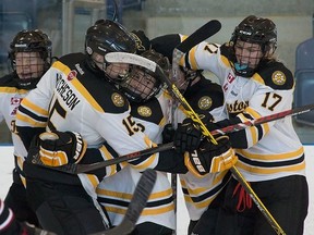 The Kingston Junior Frontenacs minor midgets celebrate during an OMHA Eastern Division AAA game against York-Simcoe in late September. The Junior Frontenacs are ranked No. 1 in Ontario. (Tim Gordanier/The Whig-Standard)