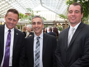 Ontario Home Builders Association president John Meinen, Mowbray Sifton Award recipient George Kotsifas and London Home Builders president Jake Draper at the association?s Awards of Creative Achievement gala at the Best Western Lamplighter Inn. (CRAIG GLOVER, The London Free Press)