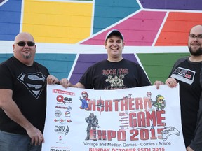 Sean Wilkinson, Michael Shanks and Brad Davidson show off a poster for Northern Game Expo in Sudbury. Northern Game Expo takes place on Sunday from 12-5 p.m. at the Cambrian College student centre. Gino Donato/Sudbury Star