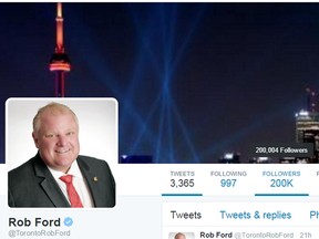Councillor Rob Ford reached 200,000 Twitter followers on Thursday, Oct. 22, 2015.