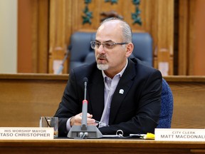 EMILY MOUNTNEY-LESSARD/THe INTELLIGENCER
Police Services Board chairman Taso Christopher speaks during a Police Services Board general meeting, Thursday in Belleville.