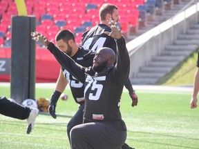 Defensive lineman Jonathan Williams (75) practised with the RedBlacks on Thursday for the first time since early in July.TIM BAINES/OTTAWA SUN