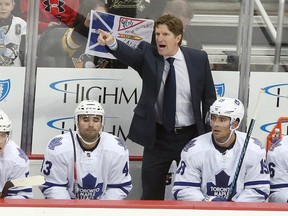 Toronto Maple Leafs head coach Mike Babcock gestures on the bench against the Pittsburgh Penguins during the second period at the CONSOL Energy Center in Pittsburgh on Oct. 17, 2015. (Charles LeClaire/USA TODAY Sports)