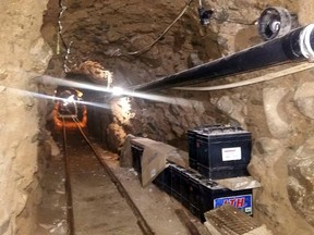 Picture provided by the Mexican National Safety Commission on October 22, 2015 showing a tunnel found by the Federal Police. According to the National Safety Commission the tunnel was used for trafficking large amounts of drug from Mexico's Tijuana city, towards San Diego, in California, United States. (AFP/CNS)