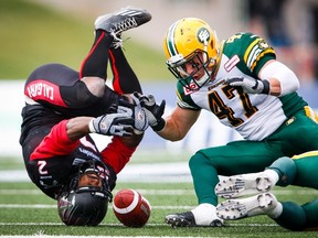 JC Sherritt geestures after a play against the Tiger-Cats in Hamilton in September. (The Canadian Press)