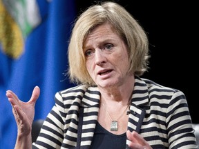 Alberta Premier Rachel Notley speaks during an onstage interview following a business luncheon in Calgary, Alberta, on Friday, Oct. 9, 2015. THE CANADIAN PRESS/Larry MacDougal