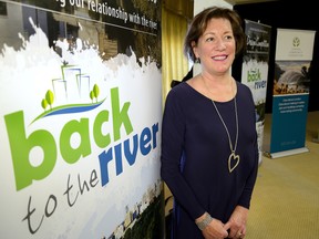 Matha Powell, president and CEO of London Community Foundation, during a presentation by the five finalists in the Back to the River constest at the Western Fair on Thursday. (MORRIS LAMONT, The London Free Press)