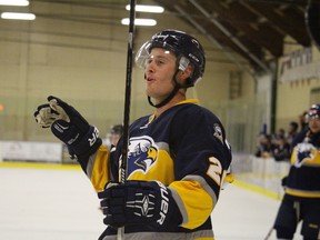 Bryce Williamson is all smiles after potting his first goal of the season in the third period of the opening 6-3 win over Innisfail. - Mitch Goldenberg, Reporter/Examiner