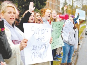 Students from Centennial secondary school in Belleville walked out of class Wednesday in support of janitorial staff during CUPE?s work to rule. (Tim Miller, Postmedia Network)
