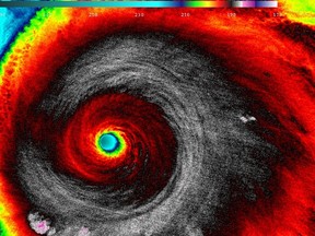 Hurricane Patricia, a Category 5 storm, is seen in an infrared image taken by NASA-NOAA's Suomi NPP satellite as it approaches the coast of Mexico at 05:20 EDT (09:20 GMT) October 23, 2015.  Cloud top temperatures of thunderstorms around the eyewall were between -135.7F (-93.1C) and -117.7F (-83.1C), according to a William Straka III of the University of Wisconsin, Madison, Wisconsin. The higher the cloud tops, the colder they are as temperatures get colder with altitude in the troposphere, according to a NASA news release. REUTERS/NASA-NOAA